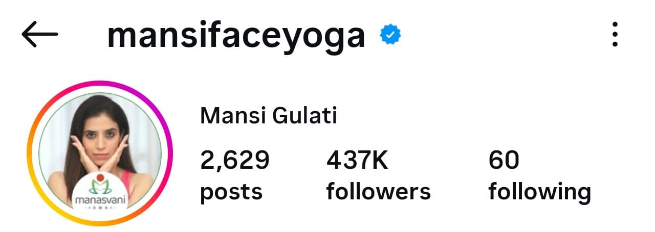 Mansi Gulati, Manasvani (face yoga)'s Instagram profile: @mansifaceyoga, 437K followers